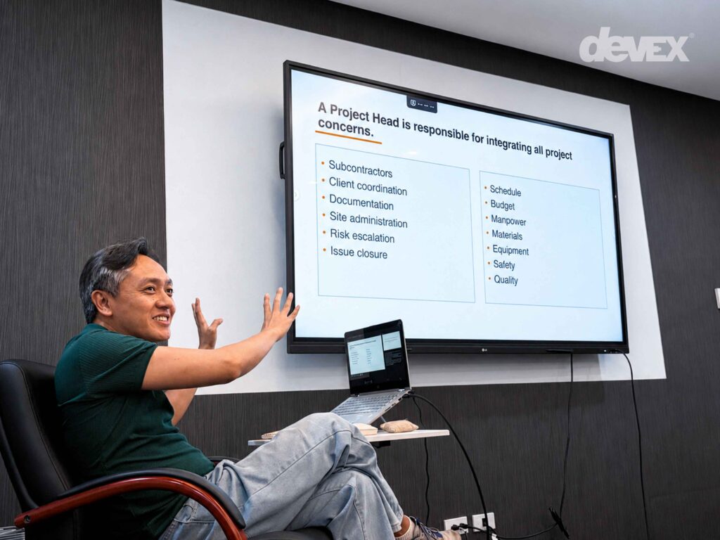 Dan Franco, Vice President for Systems and Process Improvement, facilitates the Accountability in Project Operations training for Devex Incorporated's project personnel.