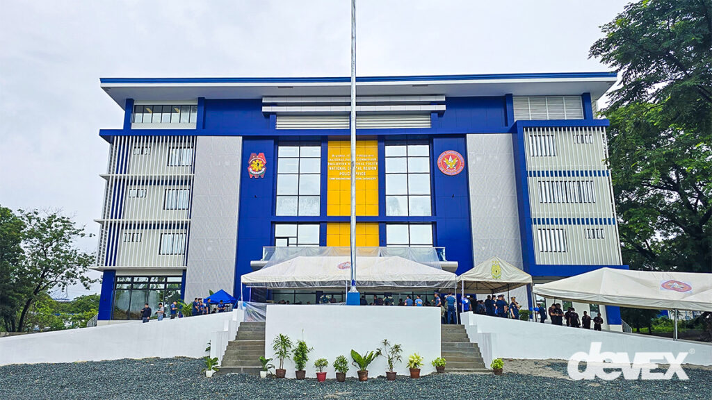New NCRPO Regional Headquarters Building in Camp Bagong Diwa, Taguig City, featuring a blue and white five-storey facade.